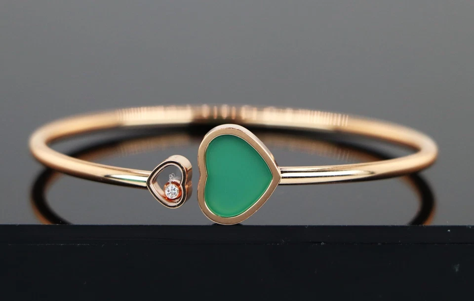 Brazalete Brazalete Chopard Oro Rosa 18k Corazones Felices Ágata Verde Diamante Flotante Foto 1 de 4