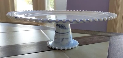 Blue Swirl/White Milk Glass Pedestal Cake Stand w/ Beaded Hobnail Trim, 13" dia. - Image 1 of 4