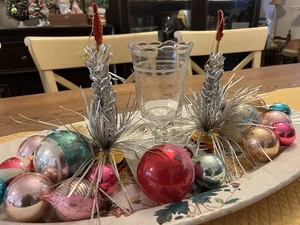 2136🌟Vintage Antique Silver Foil & Chenille Waterfall Candle Decorations (2) 9” - Picture 1 of 15