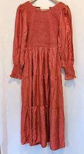 Zesica Midikleid High Waist Langarm gesmoktes Mieder/Manschette Burnt Orange Small - Bild 1 von 15