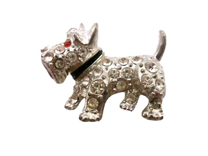 Vintage Scottie Hund Brosche Anstecknadel silberfarben Metall Strass rote Augen TLC LESEN - Bild 1 von 9