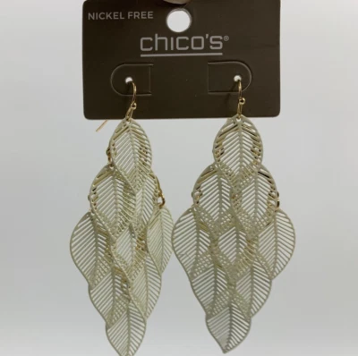 Chico's Dangle Dainty Ivory & Gold Layered Leaf Nickel Free Earring 2.5"L #14923 - Image 1 of 4