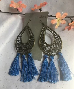 Orecchini pendenti grandi a cerchio colore ottone e goccia nappa blu reale - NUOVI - Foto 1 di 3