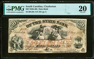 Billete obsoleto moneda enero 1859 Charleston Carolina del Sur billete de 50 dólares PMG VF20 - Imagen 1 de 2