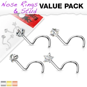 4 Pcs Pack of Assorted Clear Prong Set CZ Gem Surgical Steel Nose Screw Ring - Picture 1 of 10