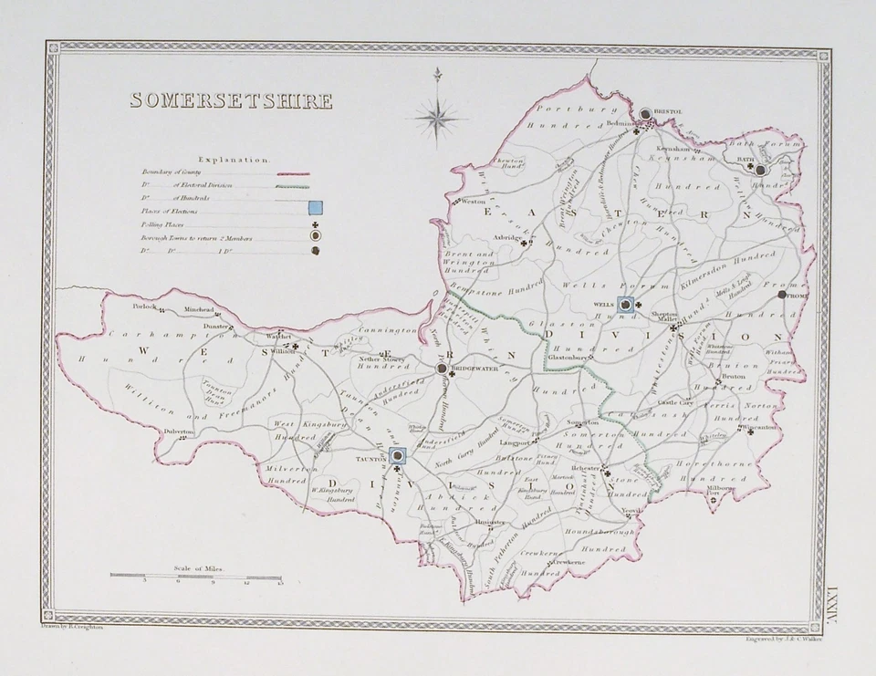 OLD ANTIQUE MAP SOMERSET SOMERSETSHIRE ELECTORAL c1830's by CREIGHTON WALKER Foto 1 de 1