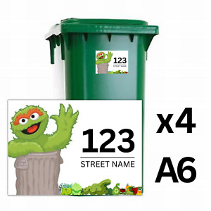 4x Wheelie Bin Personalised Stickers - House Number- Grouche Theme - A6