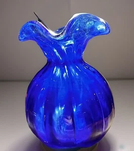 "Florero pesado soplado a mano azul cobalto vidrio artístico tejido con volantes vintage 8""" - Imagen 1 de 6