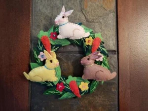 Hand made 5.5" EASTER Candle Ring mini wreath Wool Flannel Carrot RABBIT Bunny - Picture 1 of 6