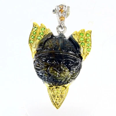 925 Pendente Argento Sterling Occhio di Tigre Sculture Zaffiro Artigianale Gemma - Immagine 1 di 4