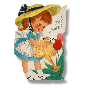 1950s Girl BLUE Dress HALLMARK Darling Daughter Greeting Card Signed Birthday - Picture 1 of 3