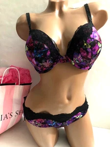 Victoria's Secret Shine Black Strap Push Up Bra Brazilian Set Moody Floral NWT - Picture 1 of 6