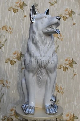 Statua ceramica scultura Cane Pastore Tedesco bianco argento dog swarovski H70cm - Immagine 1 di 4