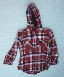 No Bo Brown Plaid Flannel Button-Up Hoodie Tab Sleeve/Side Junior Size L (11-13 - Picture 1 of 4