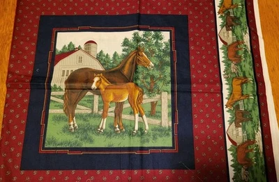Vintage Cranston Pair of Horses Cotton Fabric Panel Quilt & Backing w/Pillow - Image 1 of 4