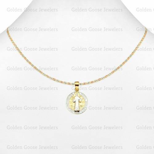 Ciondolo medaglia San Benito vero oro bianco o giallo 14 kt catena Valentino