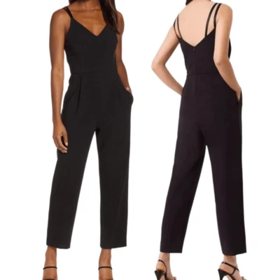 French Connection Anana Whisper Pleated V-Neck Cropped Sleeveless Jumpsuit Black - Image 1 of 4