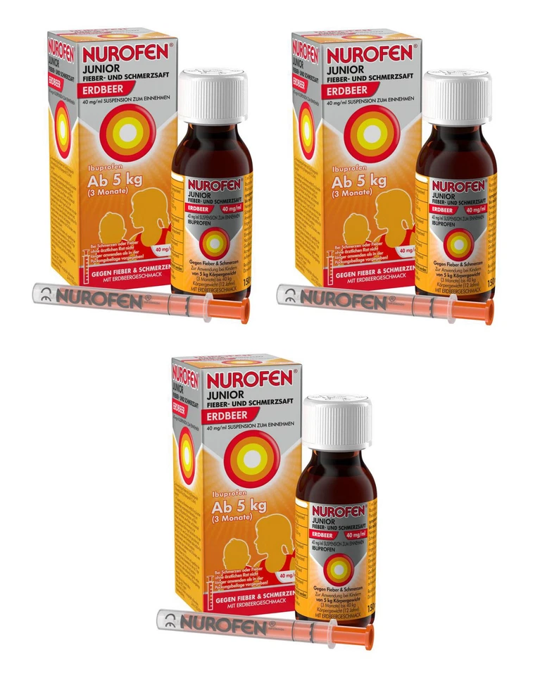 RECKITT BENCKISER DEUTSCHLAND GMBH 3x Nurofen Junior 4% Fiebersaft 100ml mit Erdbeer-Geschmack PZN16538227
