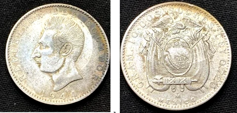1944 Ecuador 2 Sucres Coin AU .720 Silver ( 1 million Minted ) High grade  #D261 Cover