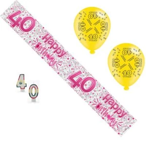 Paquete de fiesta de cumpleaños femenino de 40 años - pancarta 40, globos, números de velas - Imagen 1 de 1
