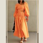  Smocked Bohemian Summer Women's Midi Dress In Orange / Waist Cut Out / Size L