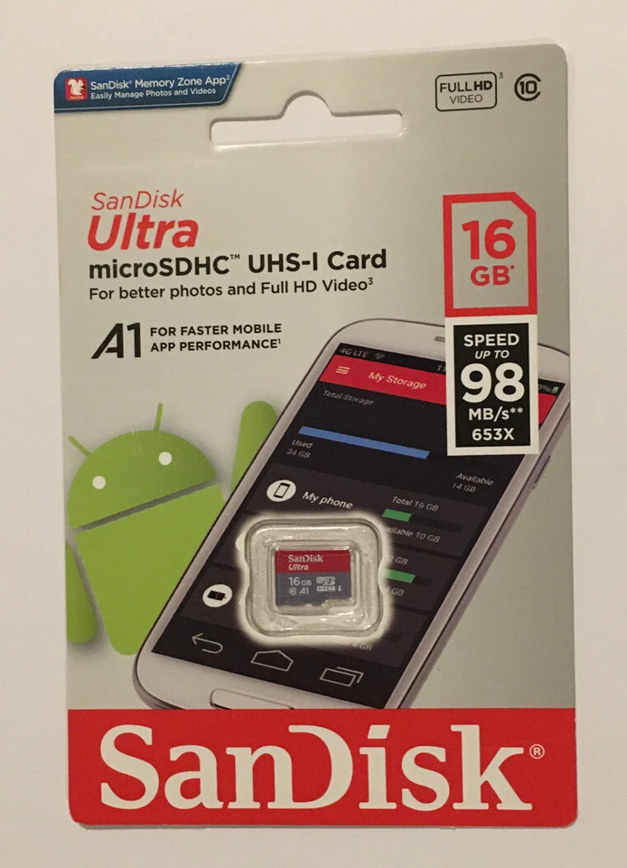 SanDisk Ultra 16GB A1 Micro SD SDHC Card 98MB/s SDHC UHS-I C10 NEW - Image 1 of 1
