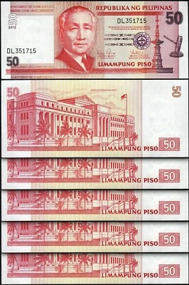 Philippines 50 Piso 2012 , UNC , 5 Pcs LOT , Consecutive , P-193d , Sign-19 - Image 1 of 4