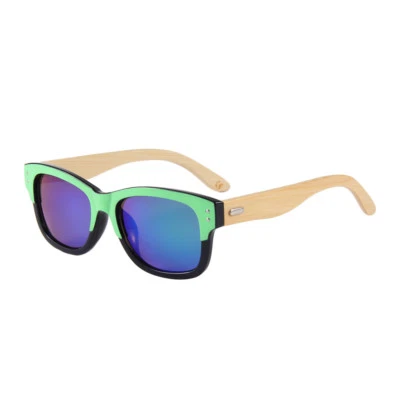 RICH&RARE (RR43)Sunglasses Black/Green Wood Bamboo frame W/Green mirror Lens  - Image 1 of 4