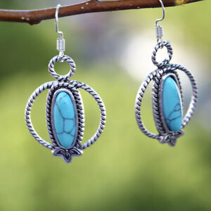 Boho 925 Silver Earrings for Women Turquoise Wedding Jewelry Gift A Pair/set