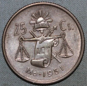 México 1951 ~ Plata .300 ~ 25 Centavos ~ Escala Equilibrada ~ 99 ¢ Envío con orugas - Imagen 1 de 2