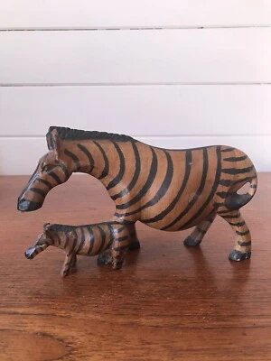 Vintage Wooden Hand Craved Zebra Mother And Child Figurine Folk Art African - image 1 of 4