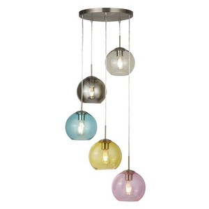 MARDI GRAS 5FLAME HANGING LIGHT, SATIN SILVER WITH MULTI COLOR GLASS