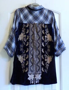 Andree by Unit Velour Plaid 3/4 Sleeve Button Up Tunic Shirt Top Women's Top S - Picture 1 of 5