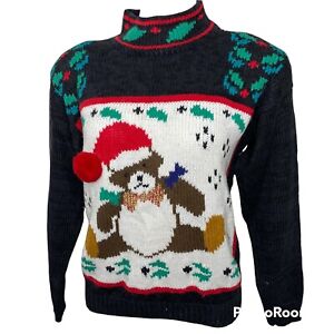 Vintage Cristina Christmas Sweater Teddy Bear Padded Shoulders Medium