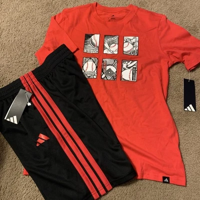 NUEVO CON ETIQUETAS Adidas Camisa y Pantalones Cortos Conjunto Biys L 14 16 Rojo Negro BÉISBOL Foto 1 de 4
