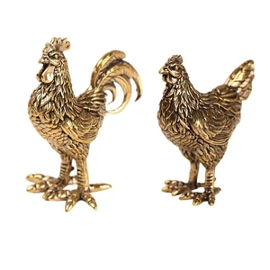 2pcs Brass Rooster & Hen Figurine Set, Artisan Crafted Collectible Animal Sta... - Picture 1 of 7