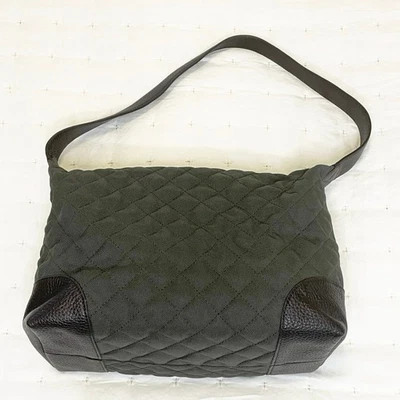 Bolso de Hombro Talbots Verde Ejército Acolchado Nylon Lona con Borde de Cuero Cartera Foto 1 de 4
