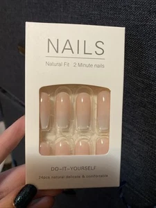 Pink And White Ombré Medium Long Length Coffin Press on Nails With Glue Tabs - Picture 1 of 3