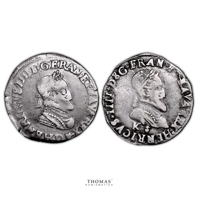 Lot of 2 coins - Henri IV - Demi Franc - 1595 K Bordeaux - 1604 D Lyon - Image 1 of 2