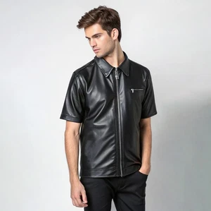 Men’s Black Leather Shirt Half Sleeve Zip Front Stylish Slim Fit Biker Top - Imagen 1 de 3