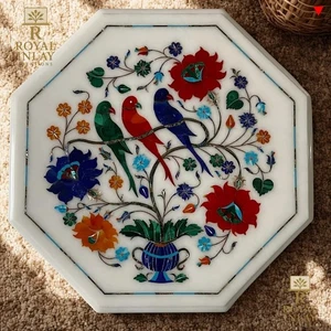 Colorful Gemstone Inlay Table – Octagon Marble Top with Parrots & Florals 18" - Picture 1 of 11