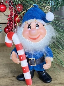 Vintage Flocked Christmas Ornament Blue Elf Dwarf Candy Cane Gnome Beard Happy - Picture 1 of 8