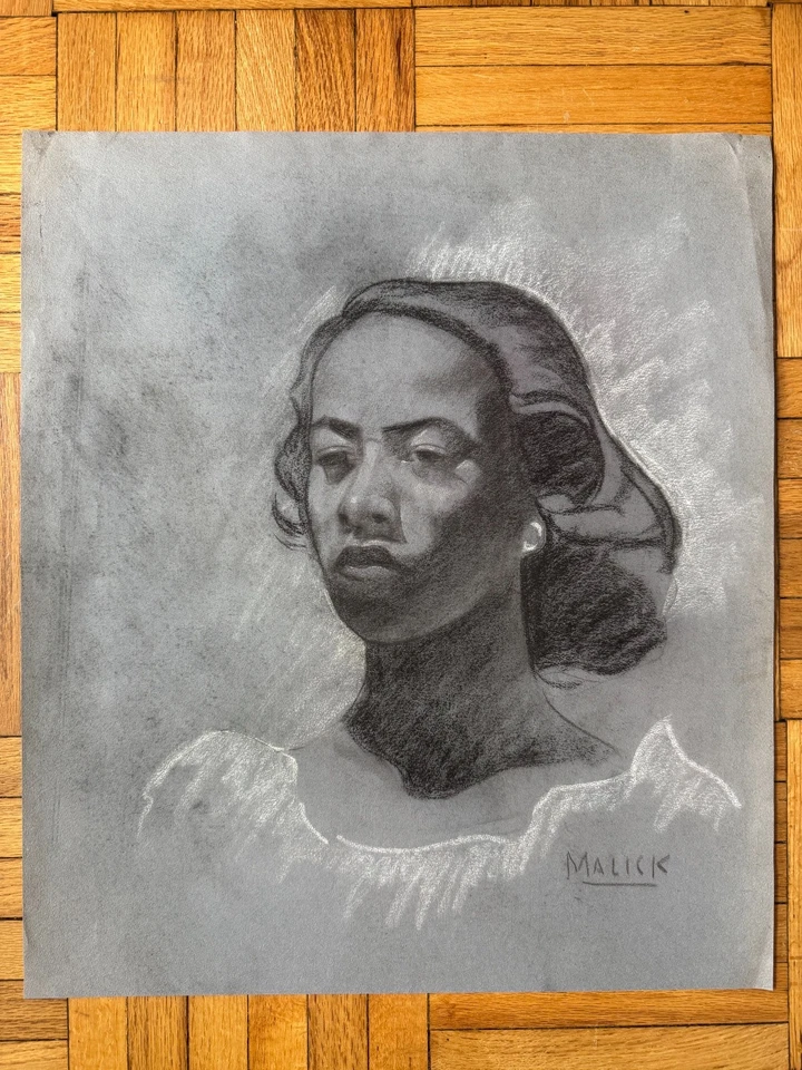 Vintage 1940's Young Black Woman Portrait Charcoal Drawing George Malick OOAK - Image 1 of 4