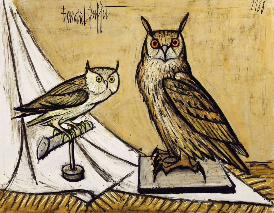 The Great Owl and Little Owl By Bernard Buffet Quality Print - Frame Me Foto 1 de 2