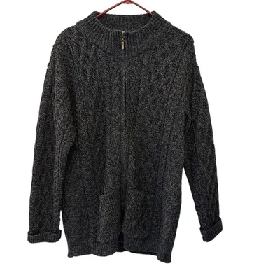Aran Crafts Men's Merino Wool Grey Cable Knit Full Zip Cardigan Sweater Size L - Image 1 of 4