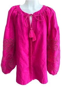INC International Concepts Womens 1X Pink Blouse Eyelet Accent Sleeve Tassel Tie - Picture 1 of 15