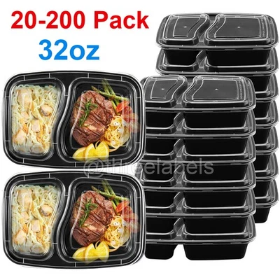 20-200Pack 32oz Meal Prep Containers 2 Compartments Food Storage Boxes with Lids - Image 1 of 4