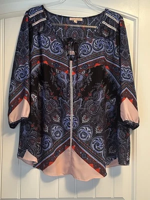 Blusa Gibson & Latimer Azul Rojo Rosa Paisley Manga 3/4 Boho Manga 3/4 Grande Foto 1 de 4