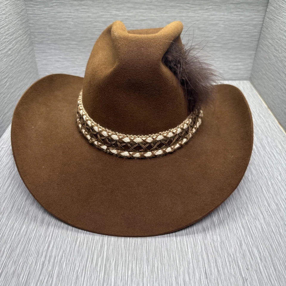 PMM Western Wear 5X Sombrero de Vaquero Calidad Castor Fieltro de Piel Marrón 7 3/8 Banda de Plumas Foto 1 de 4
