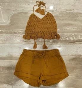 Womens Curated Boho Festival Retro Crochet Tassel Crop Halter Top Shorts Set S - Picture 1 of 12